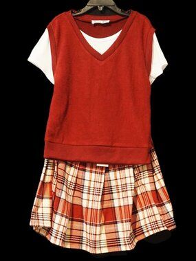 Beautees Maroon with White Faux Layer Vest with Matching Plaid Skirt Girl’s 7/8